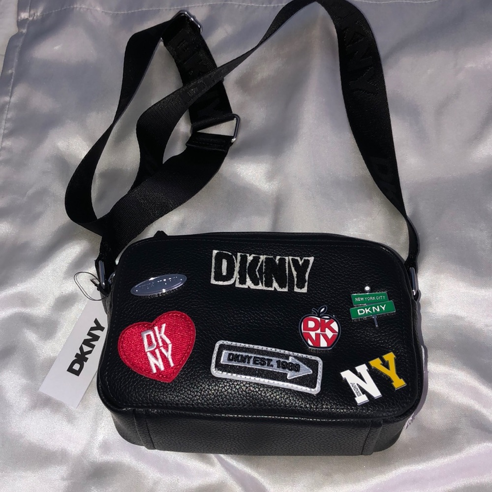 DKNY NYC Black Faux Leather Capsule Camera Bag Crossbody + Charms & Patches NWT